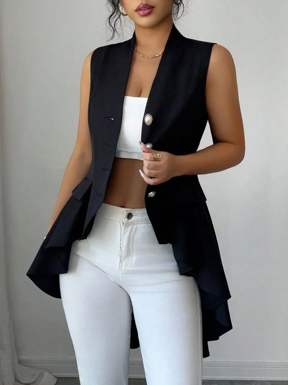 Black V-Neck Sleeveless Women's Cinched Waist Asymmetric Flared Hem Jacket